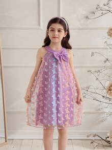 女童优雅可爱蝴蝶网纱露背无袖A字休闲连衣裙，适合节日派对、生日礼物、度假、春夏穿着 - 紫色 - 查看 5