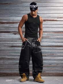 AXEPEAK Men's Letter Graphic Crew Neck Casual Versatile Tank Top - Black - View 6