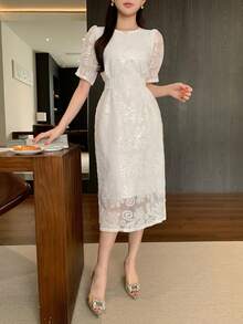 DAZY High-End Embroidered Lace Midi Dress, Women's Round Neck Split Hem French Elegant Party Gown - White - View 5