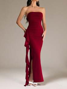 SHEIN Tall 无袖无肩带性感褶皱高开衩荷叶边裹身长裙，伴娘礼服，适合婚礼、情人节、宴会、约会等场合，酒红色 - 酒紅色 - 查看 4