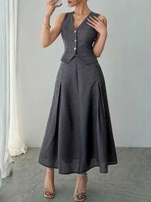DAZY Women's Elegant Commuter Solid Color Vest & Skirt 2 Pieces Set, Summer - Black - View 1