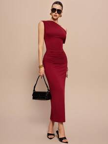 Leighera 秋季性感露肩修身抽绳长连衣裙 - 酒紅色 - 查看 5