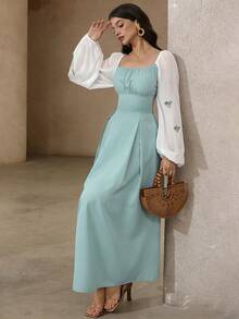 Rafferiza Đầm maxi nữ cổ vuông tay dài phối nơ, thích hợp cho hẹn hò, đi làm, du lịch, mặc hàng ngày, phong cách thanh lịch thường ngày, màu xanh lá cây, mùa xuân, dã ngoại. - Màu xanh Bạc hà - Xem 6