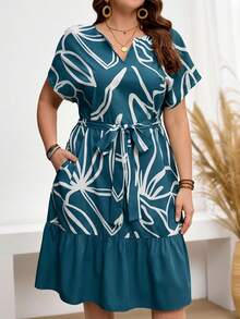 Miaspire Gaun Liburan Kasual Ukuran Besar dengan Motif Bunga dan Patchwork, Gaun Musim Panas - Dark Green - View 5