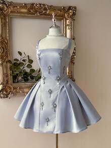 Lovelzi Đầm dạ hội dáng chữ A sang trọng, thanh lịch, màu xanh da trời nhạt, chất liệu satin, đính đá thủ công, dây đeo bản rộng, hở lưng và chi tiết buộc dây. - Màu xanh nhạt - Xem 5