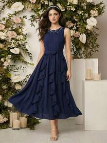 Teen Girl Faux Pearl Detail Belted Ruffle Hem Sleeveless Dress - Navy Blue - View 1