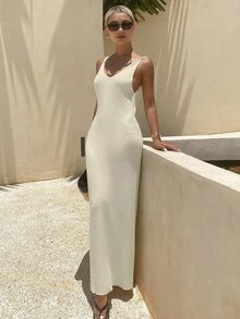 Livesso Women's Summer V-Neck Sleeveless Waist Cinched Knit Dress Spring - White - View 6