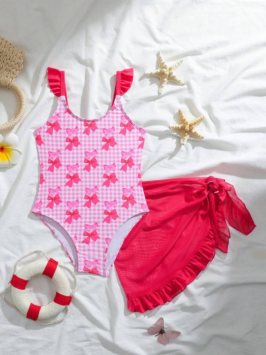 SHEIN 2件套女童可爱蝴蝶结荷叶边弹力速干舒适针织面料连体泳衣(小号),适合海滩、泳池、海边、冲浪、度假、夏季、旅行 - 粉色 - 查看 1