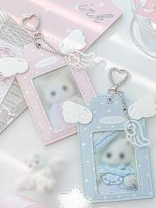 1pc Y2k Card Holder Keychain, Cute Kawaii PU Leather Card Holder With Wings & Heart Keychain, Gift For Friends, Pink/Blue ID/SIM Pouch - Little Angel - View 2