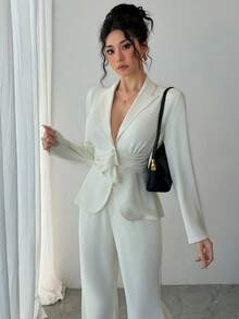 DAZY Bộ vest nữ thanh lịch màu trơn gồm áo blazer xếp ly và quần ống loe, thích hợp cho mùa xuân/hè, váy dự tiệc cưới. - Màu be - Xem 5