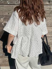 FRIFUL 女士宽松泡泡袖拼接下摆开襟休闲衬衫，夏季 - 白色 - 查看 5