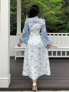 Feyla 女士优雅印花拼接收腰中长连衣裙，秋季 - 霧霾藍 - 查看 2