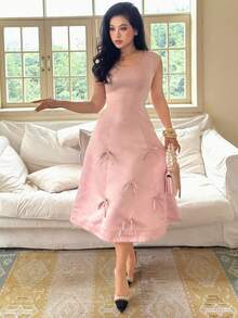 Modelyn Women's Solid Color Round Neck Bow Decor Elegant Dress,Pink Dress - Pink - View 3