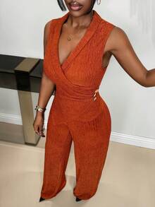 Xyvia Bộ đồ hai mảnh dành cho nữ, chất liệu vải dệt kim kẻ sọc dọc, cổ chữ V, không tay, vạt áo bất đối xứng, eo nhún bèo, khóa kim loại, thanh lịch, sang trọng, tinh tế, thích hợp cho tiệc tùng, đi làm, mùa xuân/hè. - Màu Cam cháy - Xem 7