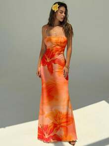 Aloruh 女士优雅印花露背吊带连衣裙，露背连衣裙，芙蓉花，夏威夷花卉，沙滩装，度假装 - 彩色 - 查看 4