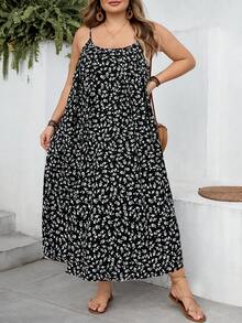 SHEIN CURVE+ 曲线款 US22 码音乐节、海滨度假、波西米亚碎花休闲度假吊带裙 曲线连衣裙 夏季吊带裙 女士 - 黑與白 - 查看 5