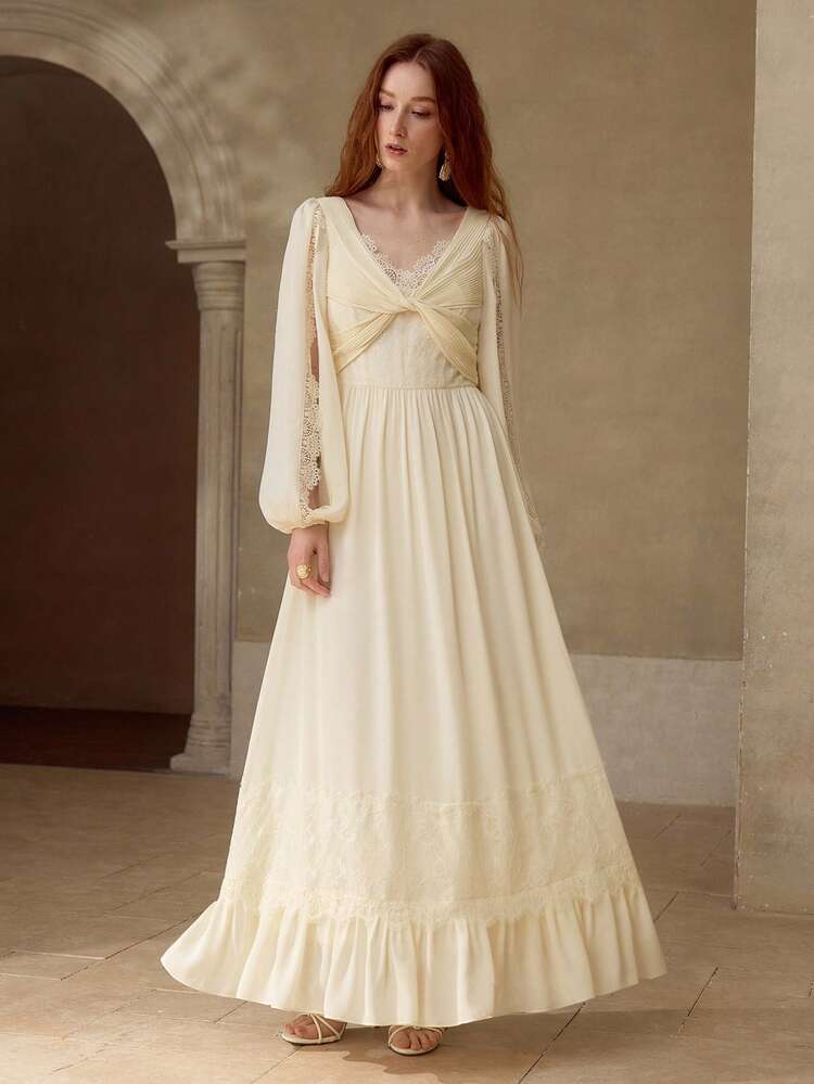 ELEGANT LACE PATCHWORK TWIST KNOT RUCHED DRESS