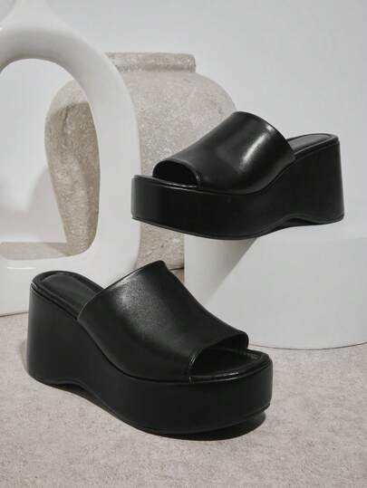 SHUZIA 新款女士黑色仿PU皮革厚底防滑时尚舒适露趾凉拖鞋，春夏时尚假日鞋