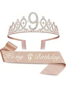 Sparkling Rhinestone Crystal Crown Tiara With Happy Birthday Satin Sash 2PCS Set For Girls 3rd 4th 5th 6th 7th 8th 9th Years Old Birthday Party Decorations, Princess Anniversary Celebration Supplies For Christmas​ - Rose Gold - View 9