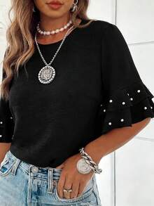 SHEIN LUNE Plus Size Women's Round Neck Ruffle Sleeve Beaded Casual Blouse, Spring/Summer - Black - View 1