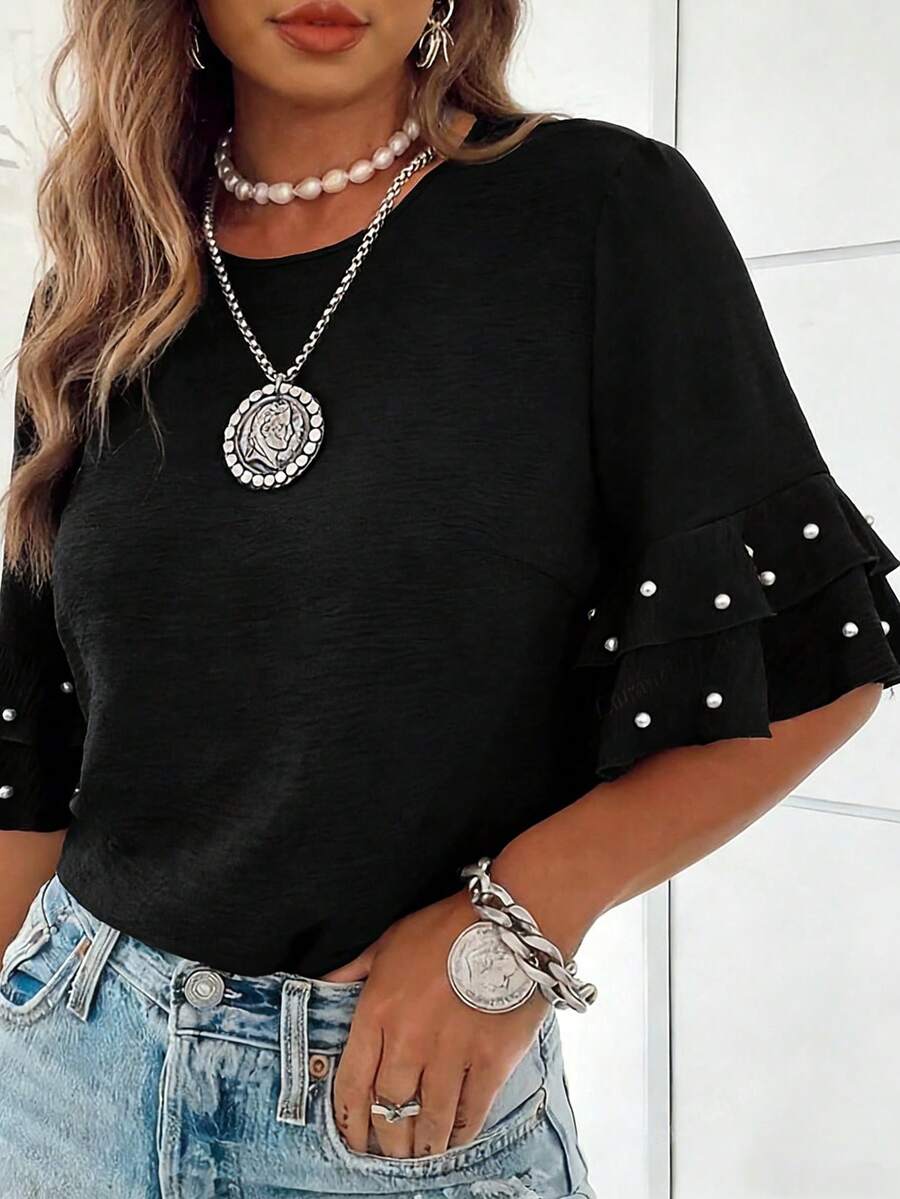 SHEIN LUNE Plus Size Women's Round Neck Ruffle Sleeve Beaded Casual Blouse, Spring/Summer - Black - View 1