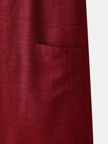 Rusticease 大码女式纯色圆领短袖双口袋直筒宽松休闲连衣裙 - 酒紅色 - 查看 5