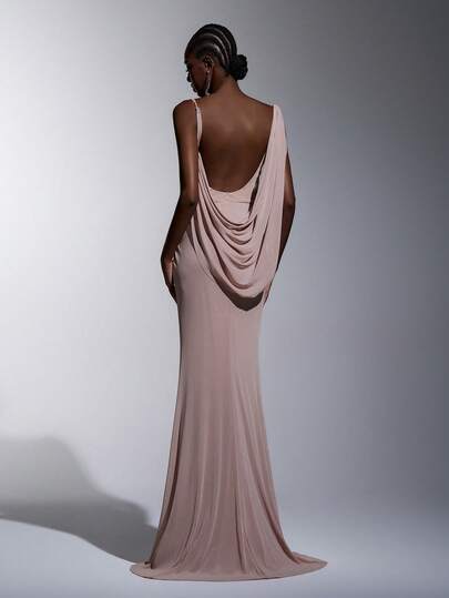 Elitara Elegant, Romantic, Fashionable Shallow Pink Elastic Mesh Fabric Pleated Decor High Stretch Fishtail Hem Elegant Party Dress, Wedding Guest Dress, Pink Dress, Fashionable & Graceful Bridesmaid Dress