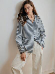 Anewsta Áo sơ mi nữ tay dài kẻ sọc thanh lịch mùa thu/đông mới, kiểu dáng sang trọng, thích hợp mặc đi làm hoặc đi làm. - Xanh đậm - Xem 8