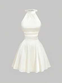 SHEIN MOD Petite 女士纯色露背扭结褶皱吊带迷你连衣裙 - 杏色 - 查看 4