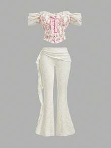 SHEIN MOD 复古花卉印花梦幻浪漫魅力收腰衬衫，饰有荷叶边、蝴蝶结和交叉系带——完美适用于约会、派对、节日、下午茶和生日派对 - 粉色 - 查看 7