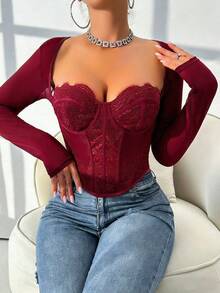 Chiquease Corpiño de encaje de manga larga para mujer - Burdeos - Ver 5