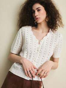 Écloséra French Retro Loose V-Neck Short Sleeve Knit Open Front Lacing Beaded Edge Beige Women's Spring/Summer Knit Top, Summer Tops Summer Outfits For Women Holiday Outfits For Women Casual Tops For Women White Top Eyelet Top Knit Tops Crochet Tops For Women Eyelet Tops For Women Women's White Top Women's Tops And Blouses Women's Tops For Summer Knit Tops For Women Blouses For Women Summer - Beige - View 1