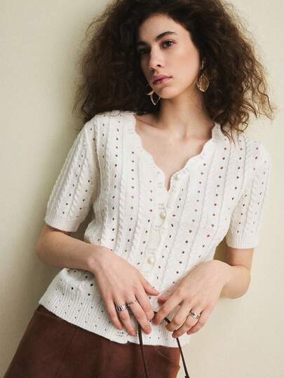 Écloséra 复古法式宽松V领短袖针织开襟镂空贝壳边饰米色女式针织上衣，春夏款