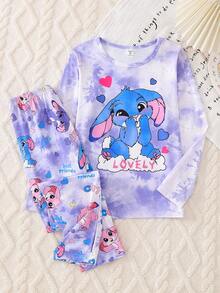 Conjunto de pijama morado nuevo con camiseta de manga larga de cuello redondo y pantalones holgados para niñas, con estampado lindo de conejo, efecto tie-dye en tela de punto de seda de leche, material suave y adorable - Morado - Ver 3