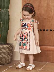 SHEIN Vestido casual con cuello de volantes y estampado floral para niña bebé - Multicolor - Ver 5