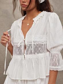 WESTFADE Lace Trim Crepe Puff Sleeve Ruffle V Neck Button Front Tie Bed Jacket Top - White - View 6