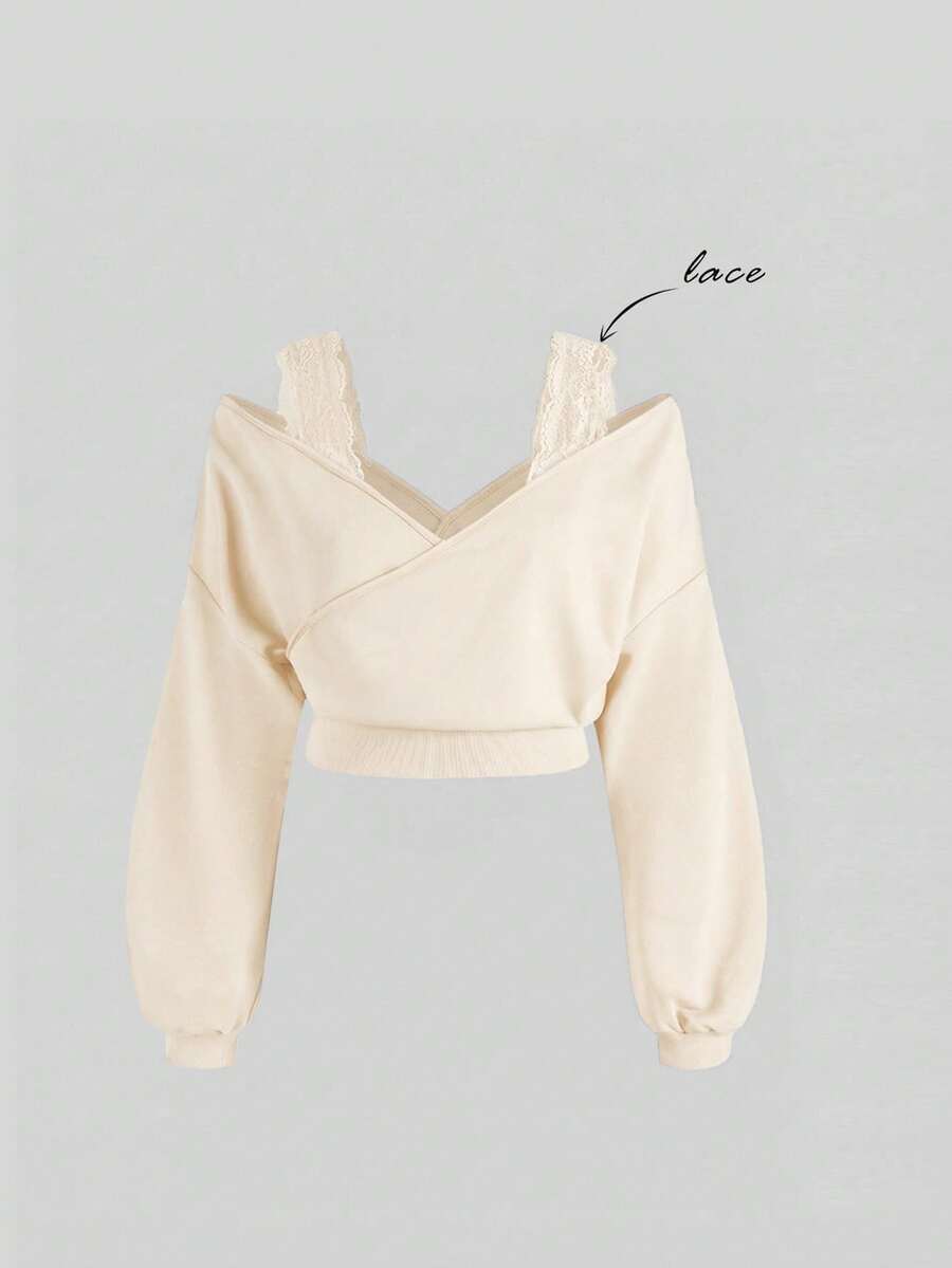 SHEIN MOD Plus Size Lace Trim Off Shoulder Long Sleeve Cropped Sweatshirt - Apricot - View 1