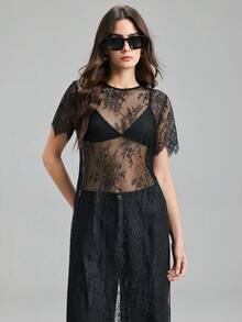 Ontre 2026 New Spring/Summer Women's Woven Fabric Romantic Valentine's Day Design Black Loose Fit Round Neck Short Sleeve Lace Long Blouse, 4th Of July Urban Chic Minimalist Fashion Commuter - Black - View 6