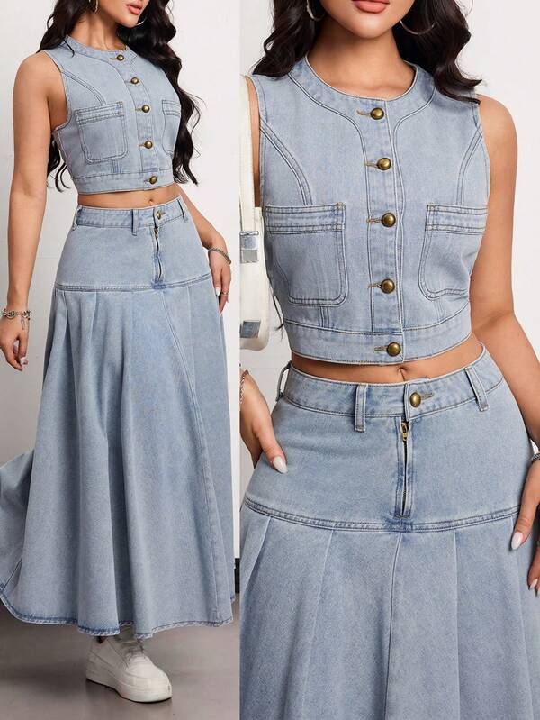 SHEIN Tall Women Solid Color Minimalist Sleeveless Top And Denim Skirt Set, Casual Everyday Wear