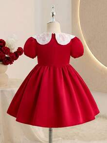 SHEIN 1件嬰兒女童紅白色公主裙，優雅夏季派對禮服，圓領拼接生日婚禮表演晚禮服 - 紅色 - 查看 4