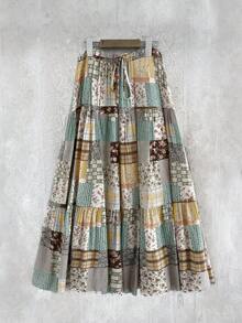 Sweetra Chân váy maxi đa năng kiểu boho cổ điển phối họa tiết chắp vá dành cho nữ cỡ lớn. - Nhiều màu - Xem 1