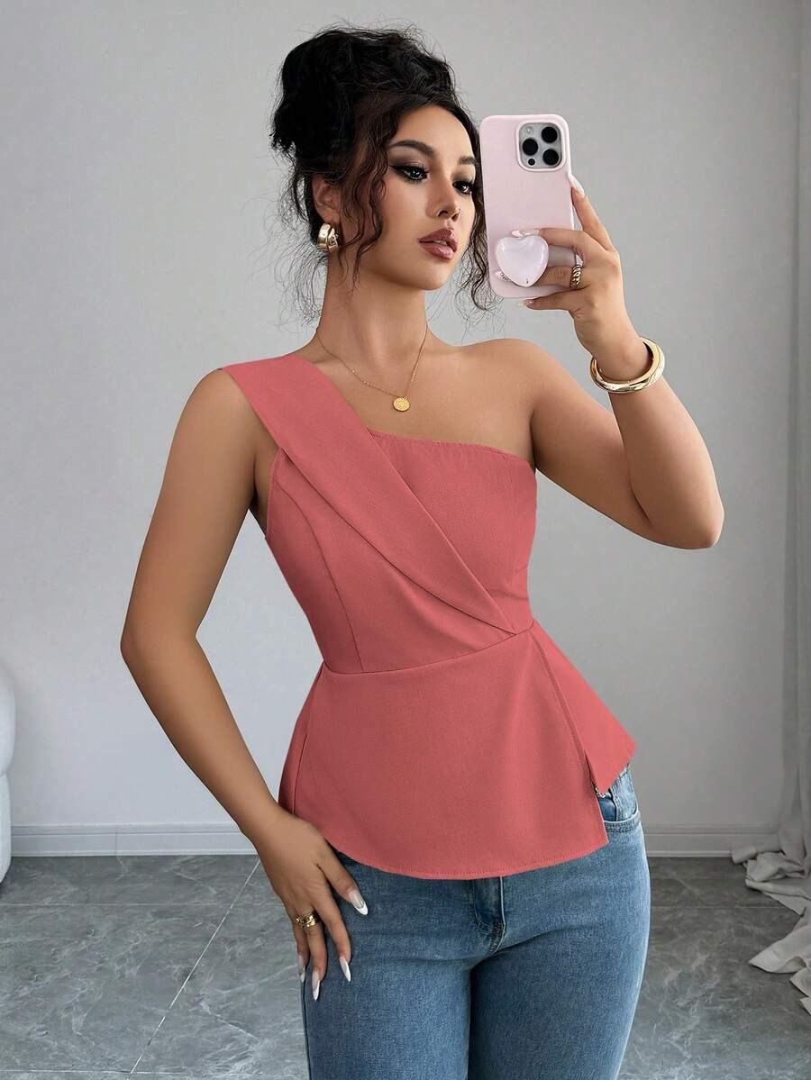 Selianne 女士优雅纯色单肩不对称褶皱上衣 - 粉色 - 查看 1
