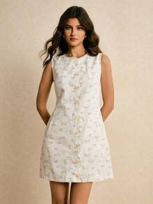 Poéselle Women's Ditsy Floral Single-Breasted Round Neck Sleeveless Fashionable Denim Dress - White - View 4