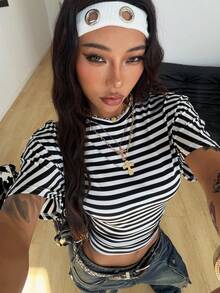 Coolane Women's Spring/Summer Minimalist Y2K Basic Daily Wear Casual Back To School Streetwear Stretchy White And Black Striped Loose Ruched Crop Tees - Black and White - View 6