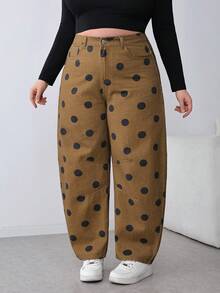 SHEIN PETITE CURVE 春夏款 PETITE CURVE 女士波点印花口袋休闲宽松牛仔裤 休闲棕色波点喇叭裤 - 棕色 - 查看 7