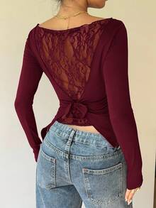 SHEIN PETITE CURVE Plus Size Elegant Solid Color Lace Patchwork Asymmetric Hem T-Shirt - Burgundy - View 3