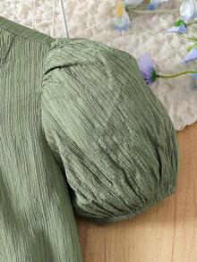 SHEIN 少女度假休闲时尚圆领泡泡袖中长连衣裙，适合海滩度假、午餐、音乐节等场合 - 綠色 - 查看 5