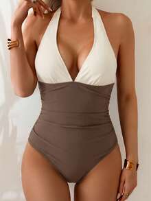 Nuvra 1pc Tummy Control Color Block Halter Backless Tie Swimsuit - Brown - View 4