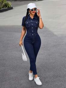 SHEIN PETITE Women's Summer Fashion Button Half-Zip Skinny Denim Jumpsuit - Dark Wash - View 4