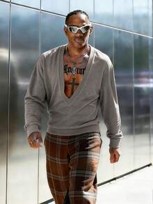 Manfinity Dauomo Áo thun nam dài tay cổ chữ V khoét sâu, dáng rộng, phong cách thường ngày, tối giản, màu trơn, thích hợp cho đi làm hàng ngày, mùa xuân/thu. - Xám - Xem 3